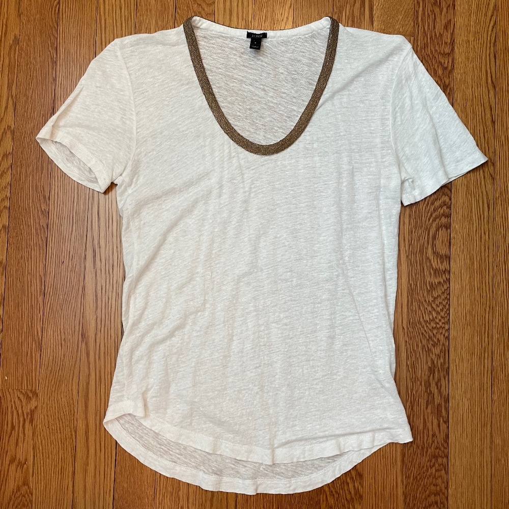 J. Crew Bronze Beaded Scoop Neck Tee - 100% Linen - Size: Small
